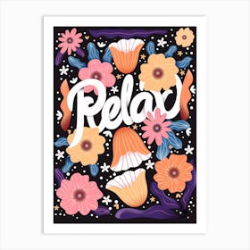 Relax Hand Lettering With Flowers Om Dark Background Square Art Print