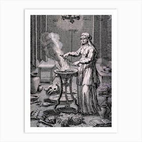 Witch Casting Spells 1652 - Witchy Moon Art Print Engraving of Medieval Antique Witch Casting Spells, Using Potions, Cauldron, Magick - Pagan Fairytale Witchcraft Wall Decor Immaculate Remastered Cool Wiccan Dark Aesthetic Art Print