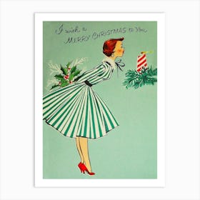 Vintage Christmas Poster, Young Woman Is Making A Wish Art Print