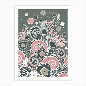 Doodles, Spring Garden, Khaki and pink version Art Print