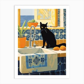 Black Cat In The Kitchen Sink, Mediterranean Style 2 Art Print