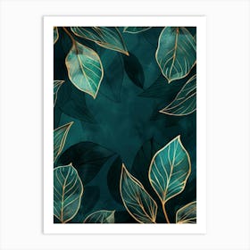 Gold Leaves On A Teal Background Art Print