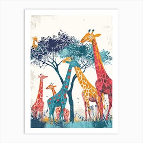 Giraffe Herd Under The Tree Watercolour 8 Art Print
