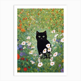 Flower Garden And A Black Cat, Inspired By Klimt 6 Art Print