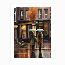 Amsterdam cafes, autumn season, rain, autumn oil colours.Faded colours,People passing on the street, winter clothes, rain umbrellas.8 3 Art Print