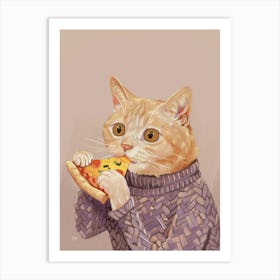 Cat In A Sweater Pizza Lover Folk Illustration 3 Art Print