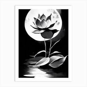 Lotus And Moon Symbol Black And White Painting Art Print