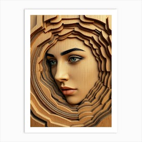 Women Face Wood Carving Art Print