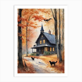 She Will Be Home Soon ~ Vintage Witch Art New England Pilgrim Witches House Salem Witches Artwork Watercolor Autumn Pagan Halloween Cottage Witchy Black Cats Spooky Goth Witchcore Cottagecore Painting Art Print