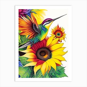 Hummingbird And Sunflower Marker Art Art Print