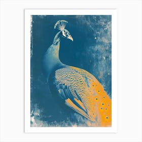 Navy Blue & Orange Cyanotype Inspired Peacock Portrait Art Print