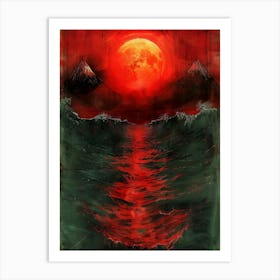 Red Moon Over The Ocean Art Print