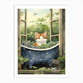 Japanese Bobtail Cat In Bathtub Botanical Bathroom 3 Art Print
