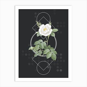 Vintage White Rose Botanical with Geometric Line Motif and Dot Pattern n.0197 Art Print