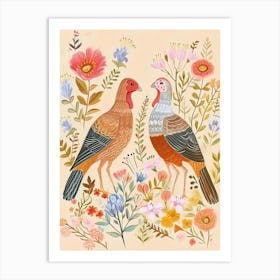 Folksy Floral Animal Drawing Turkey 2 Art Print