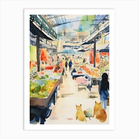 Food Market With Cats In Tokyo 1 Watercolour Art Print