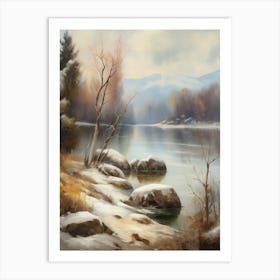 Ancient landscapes, old winter oil paintings and rocks around the lake bank. Snow is falling on the lake, old colors.12 1 Art Print