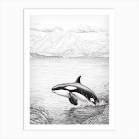 Minimalist Pencil Drawing Of Orca Whale With Icy Mountains Art Print