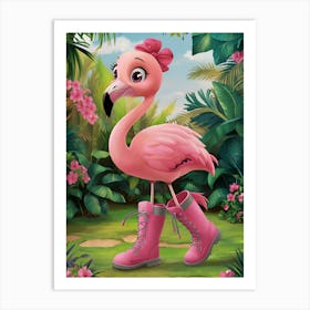 Pink Flamingo In Boots Art Print