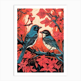 Birds And Branches Linocut Style 1 Art Print
