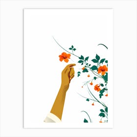 Hand Picking Orange Flowers, pinching flowers, flower portrait, hand and flowers, orange flowers, flowers and vines, digital art, Art Print