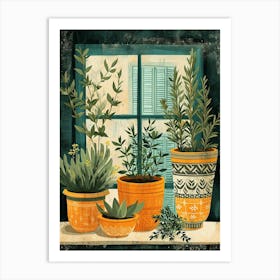 Sweet Illustrations Of Potted Herbs On The Windowsil 1 Art Print