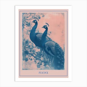 Two Peacocks On A Tree Pink Cyanotype Inspired Poster Art Print