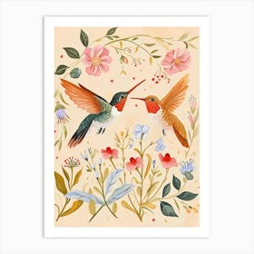 Folksy Floral Animal Drawing Hummingbird 2 Art Print