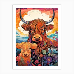 Colourful Doodle Highland Cow With Calf Illustration  Art Print