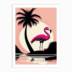 Flamingo, Palm Tree, Sunset Art Print