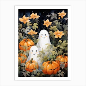 Cute Bedsheet Ghost, Botanical Halloween Watercolour 147 Art Print