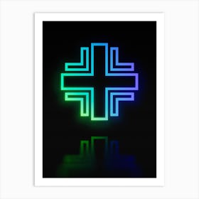 Neon Blue and Green Abstract Geometric Glyph on Black n.0168 Art Print
