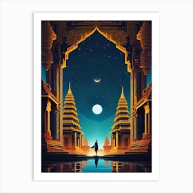 Buddhist Temple - Trippy Abstract Cityscape Iconic Wall Decor Visionary Psychedelic Fractals Fantasy Art Cool Full Moon Third Eye Space Sci-fi Awesome Futuristic Ancient Paintings For Your Home Buddhism Gift For Him Art Print
