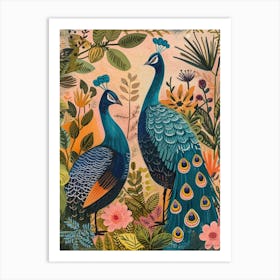 Two Folky Floral Peacocks 2 Art Print