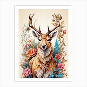 Deer With Flowers Art Print