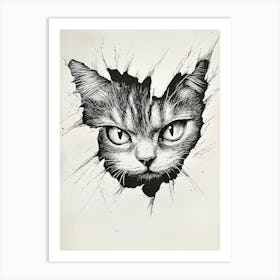 Angry Cat Watching from Wall Hole 2 Art Print