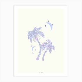 Blue Boho Palm Trees and Moon Art Print