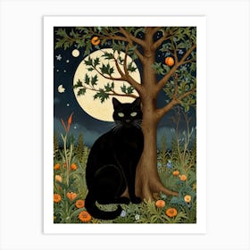 Black Cat In The Moonlight Style William Morris Art Print