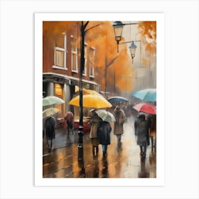 Amsterdam cafes, autumn season, rain, autumn oil colours.Faded colours,People passing on the street, winter clothes, rain umbrellas.11 1 Art Print