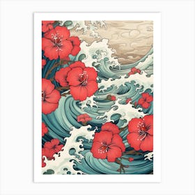 Great Wave With Geranium Flower Drawing In The Style Of Ukiyo E 1 Art Print
