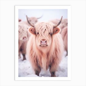 Highland Cow In The Snow Pink Filter Portrait 1 Art Print