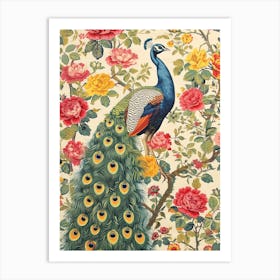 Vintage Peacock With Colourful Flowers Art Print