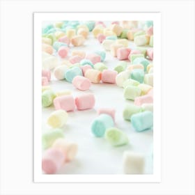 Pastel colors pink, green, baby blue and white marshmallows - great for a kids room or kitchen -food photography by Christa Stroo Photography Art Print