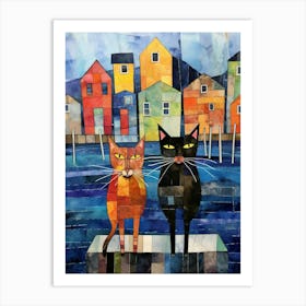 Two Patchwork Cats At The Docks Art Print