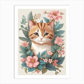 Dreamshaper V7 Vintage Cute Kawaii Cats Botanical Illustration 2 Art Print