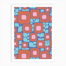 Abstract Flower Pattern Blue Red Pink Art Print