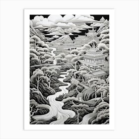 Nikko In Tochigi, Ukiyo E Black And White Line Art Drawing 3 Art Print