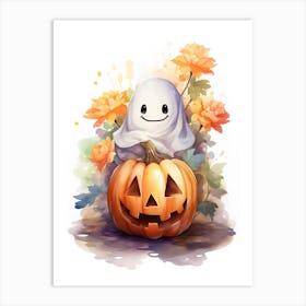 Cute Ghost With Pumpkins Halloween Watercolour 31 Art Print