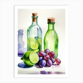 Lime and Grape near a bottle watercolor painting 3 Art Print