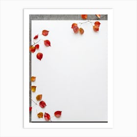 Autumn Leaves Scattered Asymmetrically Across A White Canvas Single Red Berry Placed Off Center Em Art Print